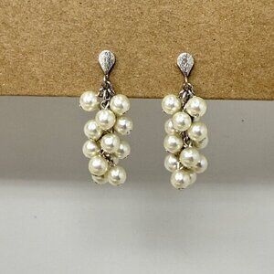 LH Segal Vintage Earrings Cluster Dangle Imitation Pearl Silver-Tone Retro‎ MCM